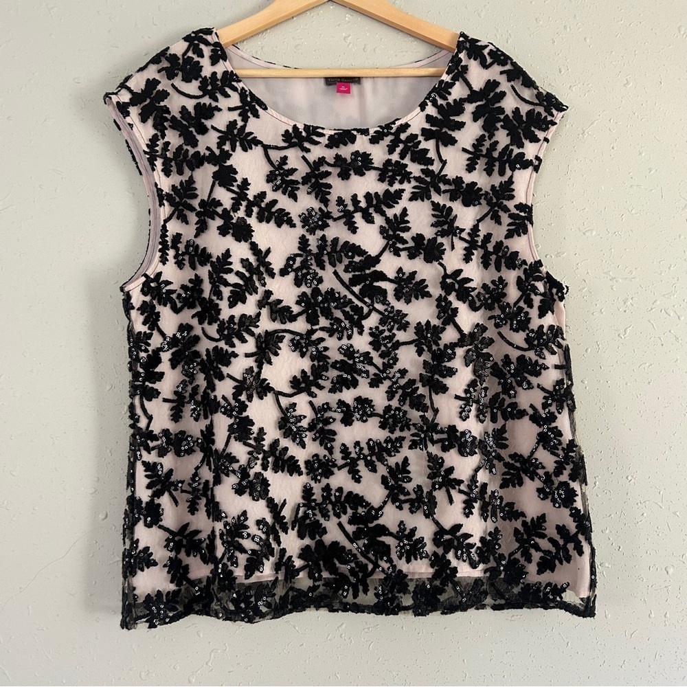 Vince Camuto Black Leaf Pattern Blouse Sequins Cream Neutral Formal Holiday XL